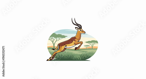 Gazelle leaping across a savanna with trees at sunset