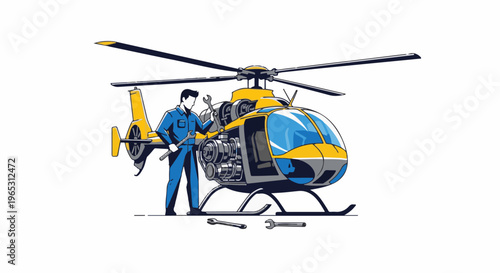 Mechanic repairing a yellow helicopter with tools