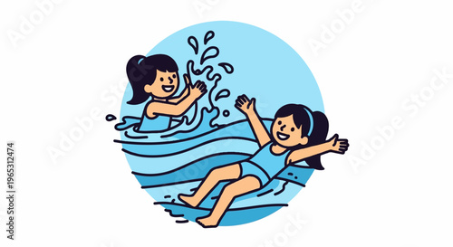 Two happy girls in blue swimsuits splash and play in blue water
