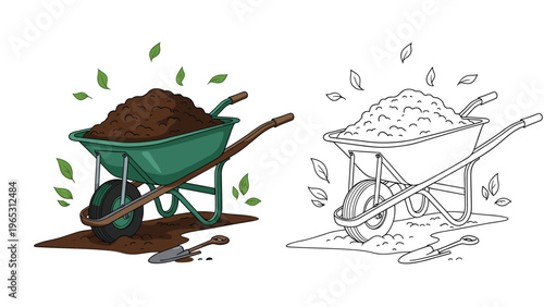 Two illustrations of a wheelbarrow filled with soil including a full color version and a black and white line art version.