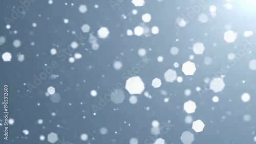 Luminous white, light grey bokeh, glittering particles gently floating on icy white to pale sky blue gradient. Shallow depth of field, slow pan. Concept of serene elegance