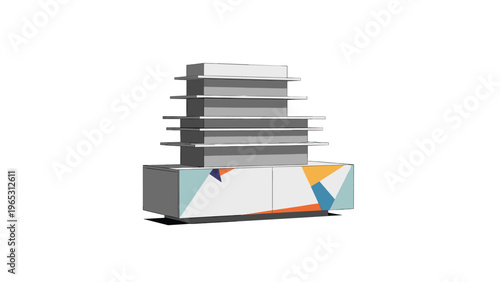 Modern architectural structure with multiple horizontal layers and a colorful geometric base on a clean white background.