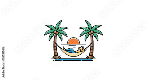 Person relaxing in a hammock between two palm trees at sunset