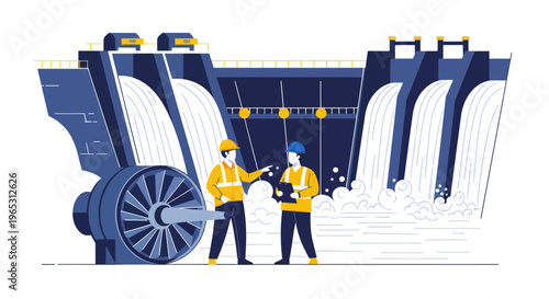 Engineers inspect hydroelectric dam turbine and flowing water, renewable energy concept