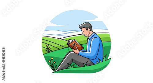 Person reading a book on a grassy hill under a blue sky