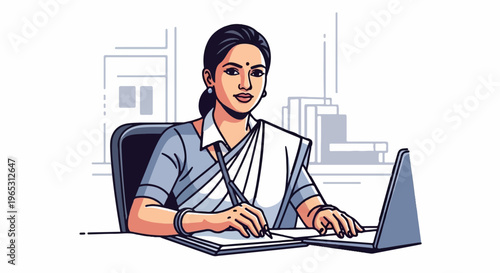 Woman in traditional attire works at a desk with a laptop and documents