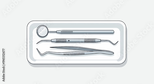 Dental tools including a mirror, explorer, and forceps in a tray