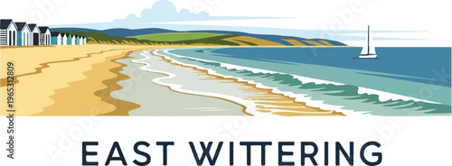 Seaside scene with colorful beach huts, rolling hills, ocean, and sailboat