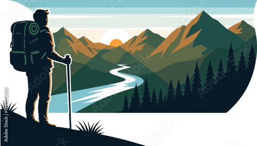 Silhouette hiker overlooks mountain valley river at sunset