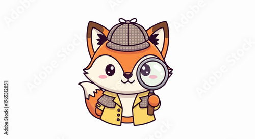 Cute cartoon fox detective with magnifying glass and hat