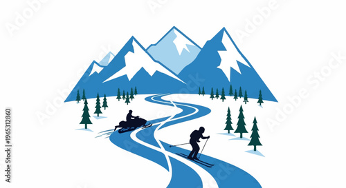 Snow-covered peaks, pine trees, and winter sports on icy trails