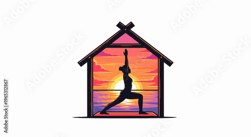 Silhouette of a woman in a warrior yoga pose inside a stylized house