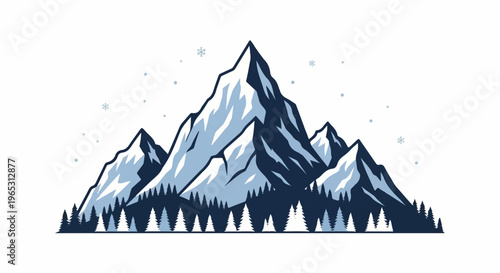 Snowy mountain range with evergreen trees and falling snowflakes