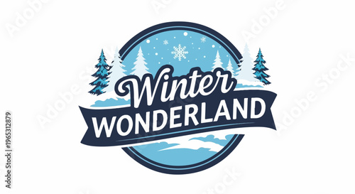 Snowy trees frame "Winter Wonderland" text on a blue circular background