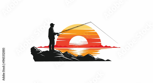 Silhouette fisherman casting line into water against a vibrant sunset over mountains