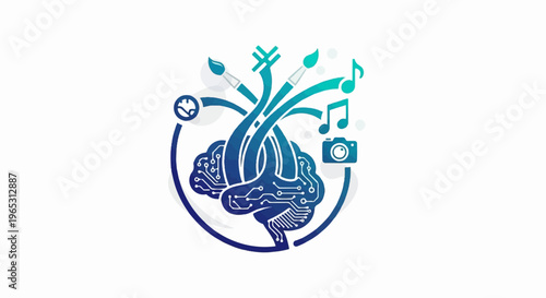 Conceptual art of a digital brain with creative elements like paintbrushes and music notes