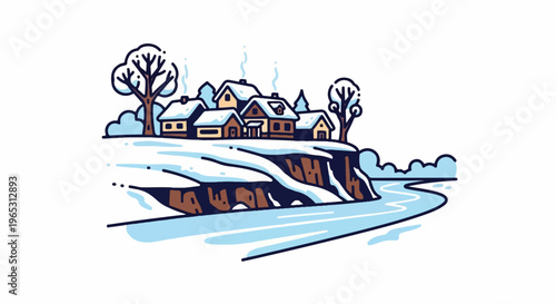 Cozy snow-covered village on a cliff overlooking a winding river