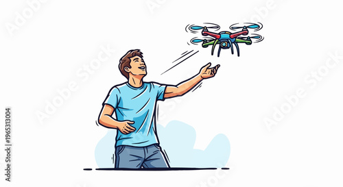 Cheerful man in blue shirt with outstretched hand, playing with a colorful drone