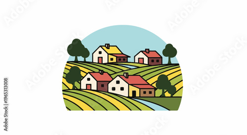 Stylized depiction of rural homes nestled among rolling, colorful fields and trees