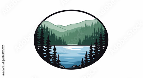 Stylized circular vista of a tranquil lake surrounded by evergreen trees and distant hills