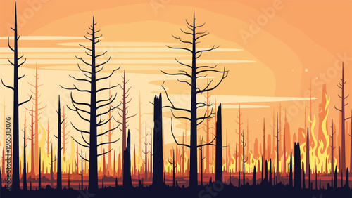 Dramatic pixel art illustration of a forest fire with bright flames and charred trees against an orange smoky sky at twilight.