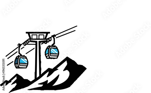 Stylized cable cars ascend steep, black mountain peaks against a white background
