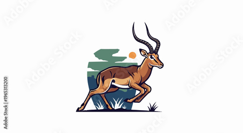 Stylized impala gazelle running through savanna landscape at sunset