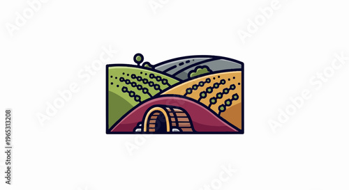 Stylized rolling hills with rows of dots and a tunnel entrance
