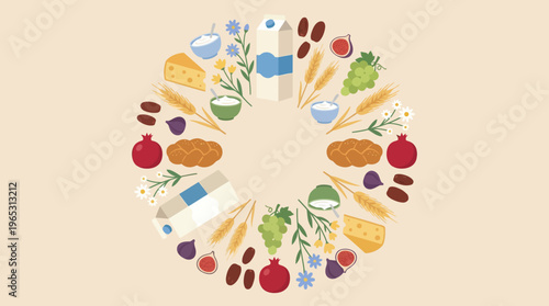Colorful assortment of traditional food items arranged in a circular pattern.