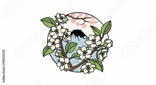 Stylized Japanese scene with Mt. Fuji, cherry blossoms, and white flowers