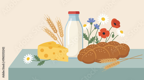 Fresh loaf of bread cheese and milk bottle with wildflowers.