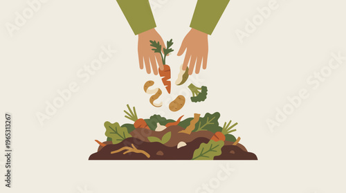 Hands dropping vegetable scraps onto compost pile illustration.