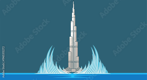 Stylized skyscraper rising from a blue body of water with water jets