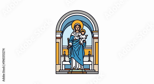 Stylized stained-glass depiction of Mary holding the infant Jesus within an archway
