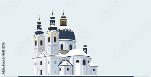 Stylized, snow-covered church with multiple towers under a pale sky