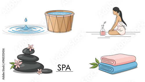 Relaxing spa and wellness icons including water ripples, a wooden bath, a woman meditating, massage stones, and folded towels.