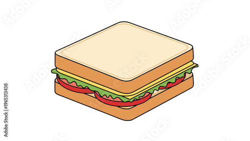 Simple isometric illustration of a delicious club sandwich with fresh lettuce, tomato, and cheese between two slices of white bread.