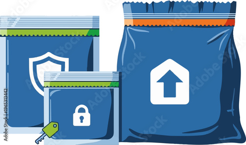 Three blue sealed bags, one with a shield, one with a lock/key, one with an arrow