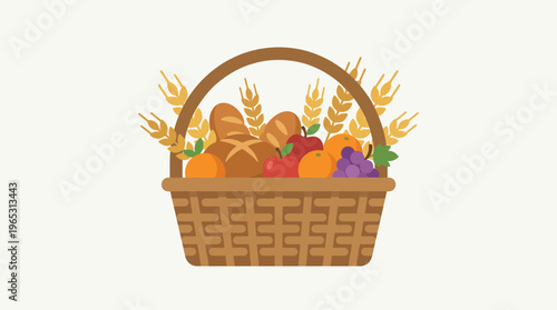 Wicker basket filled with assorted fruits bread and wheat illustration.