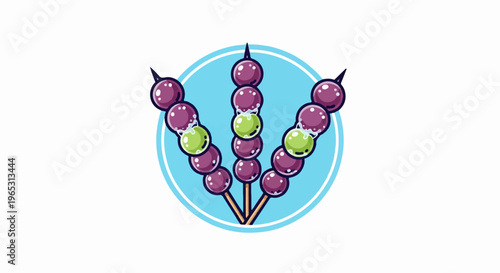 Three skewers of purple and green round candies on sticks