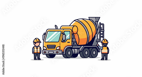 Two construction workers stand by a yellow cement mixer truck