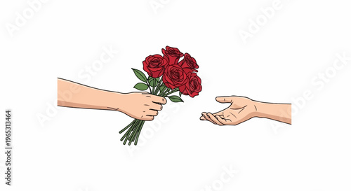 Two hands exchanging a bouquet of red roses, one offering