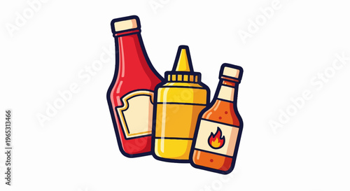 Three condiment bottles, ketchup, mustard, and hot sauce, on white