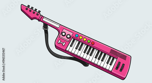 A vibrant pink synthesizer keyboard with a black strap, set against a pale blue background