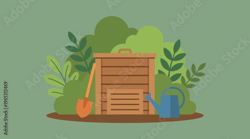 Wooden compost bin with gardening tools illustration.
