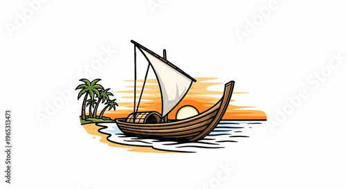 A traditional wooden boat with a sail sits on a beach near palm trees at sunset