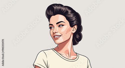 A stylized portrait of a woman with dark, retro-inspired hair and a light shirt