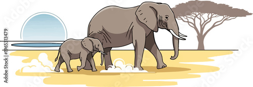 Two elephants, one large, one small, walk across a dusty savanna landscape