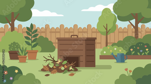 Wooden compost bin with organic debris illustration.