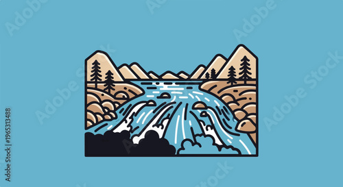 A stylized mountain landscape with a cascading waterfall and trees